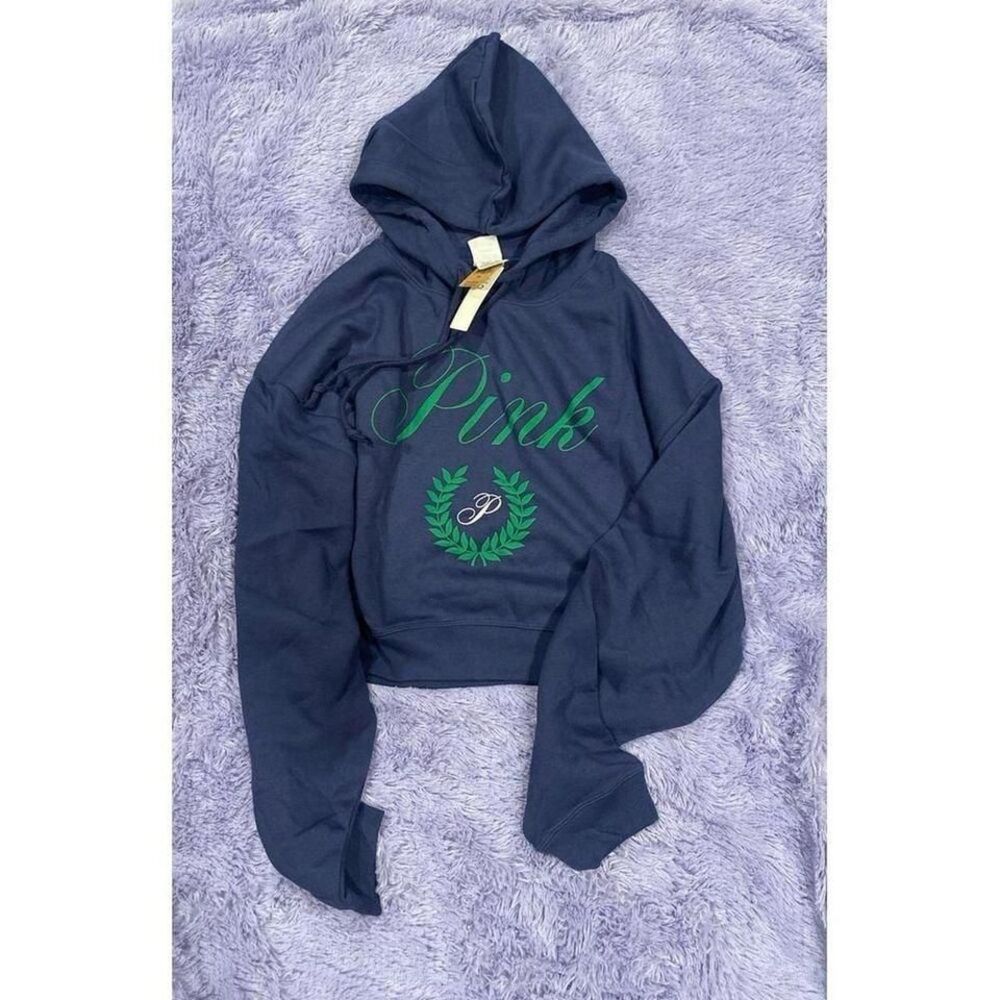 Victoria's Secret PINK Cropped Hoodie Navy Blue Green Varsity Logo NWT‎ Large
